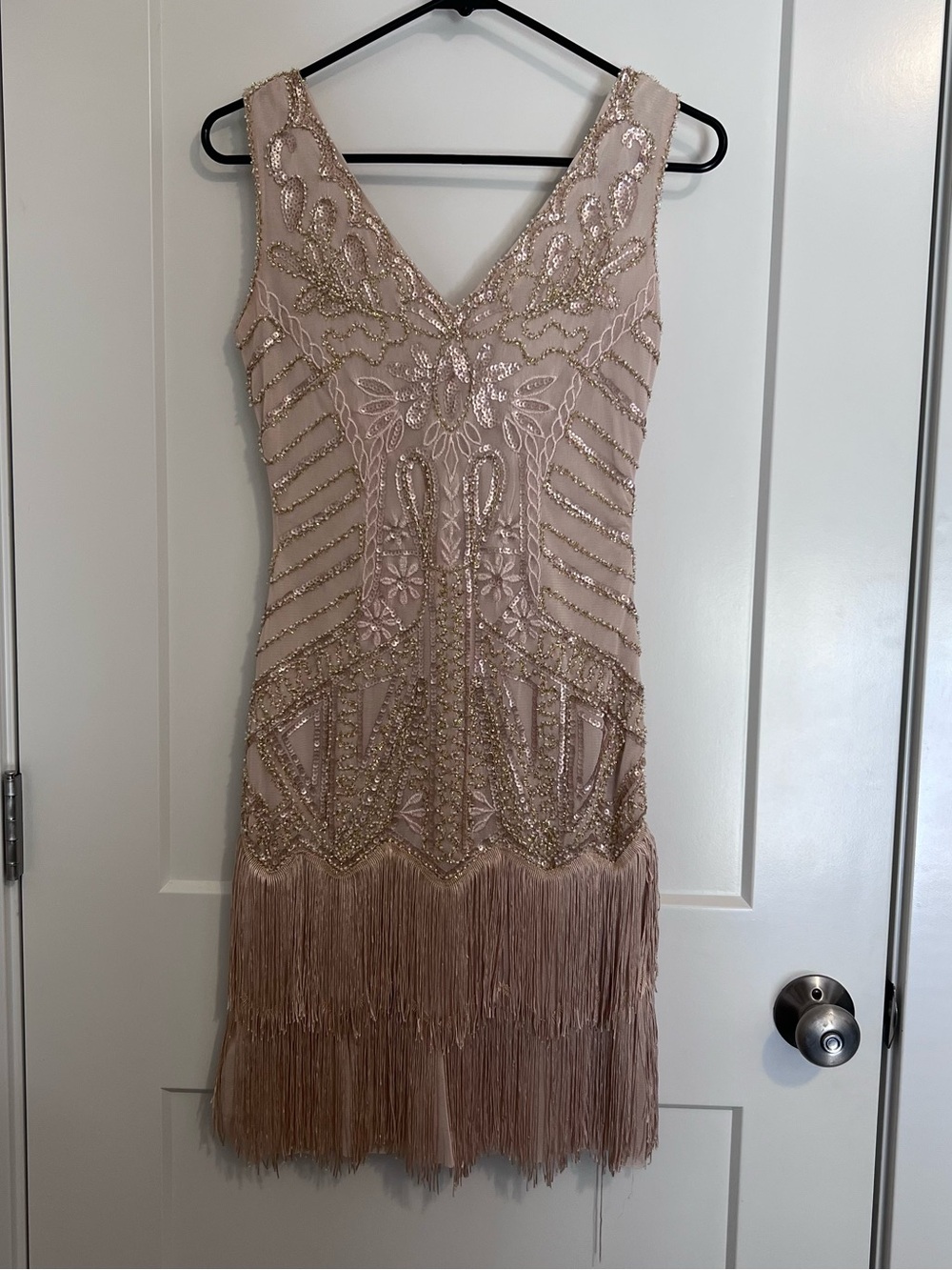 Fringe-Trimmed Beaded Flapper Dress 1920s - Beige